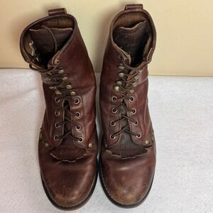 AdTec Brown Leather Lace Up Ankle Boots Oil Tanned Fringe Western Work Size 7.5